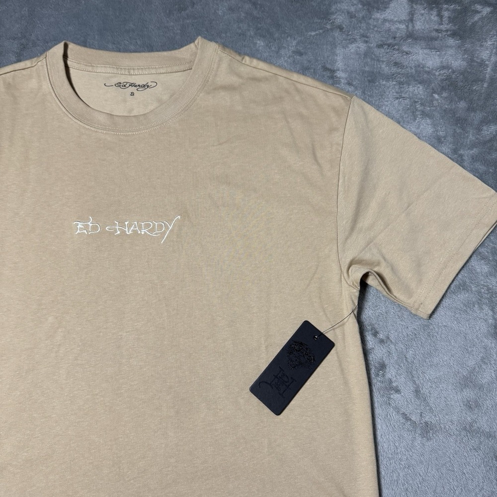 ED HARDY Embroidered Signature Logo Tee Shirt Brown Men's Sz S *NEW* Y2K Style